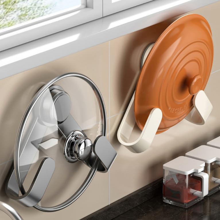 Pot Lid Holder with Suction Cups - Adjustable Kitchen Organizer Rack