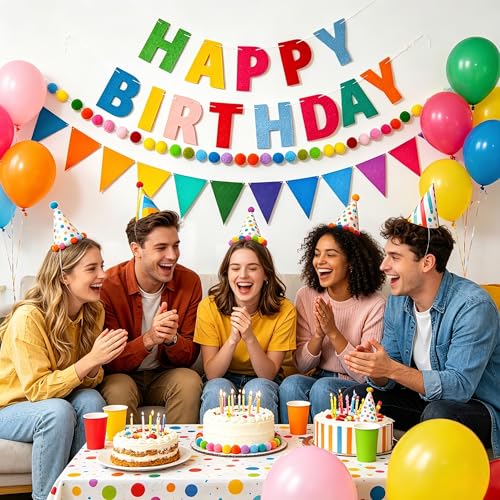 Happy Birthday Banner Set - Multicolor Felt Garland & Pom Poms