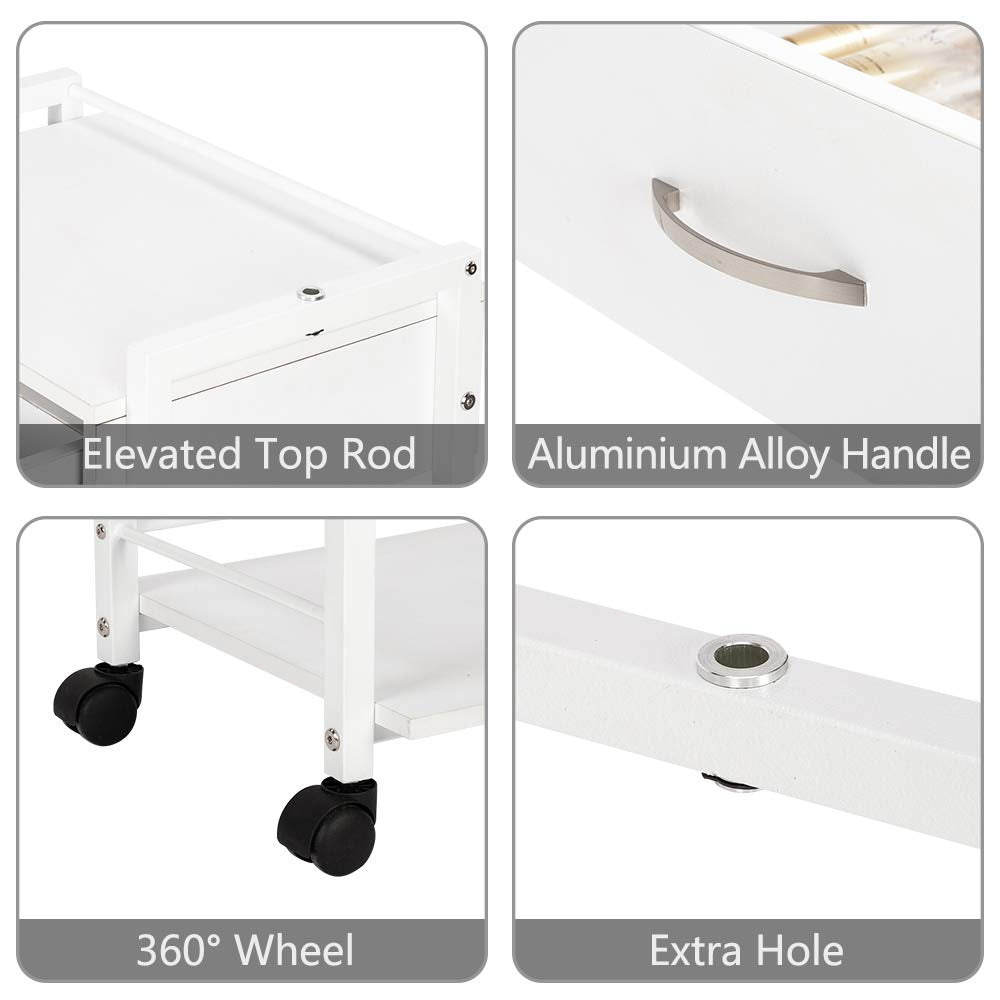 Salon Trolley Cart with Wheels, Wooden Rolling Storage Station, Mobile Utility Cabinet with 1 Drawer 2 Trays, Medical Esthetic Supply for Beauty SPA Massage Tattoo Facials, White