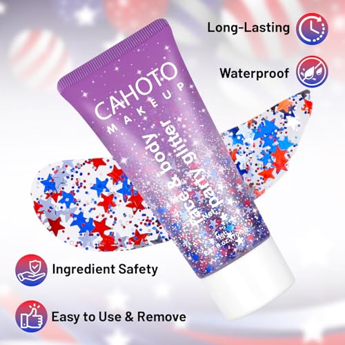 CAHOTO Flag Star Glitter Gel - Red White Blue Star Face Body Hair Makeup