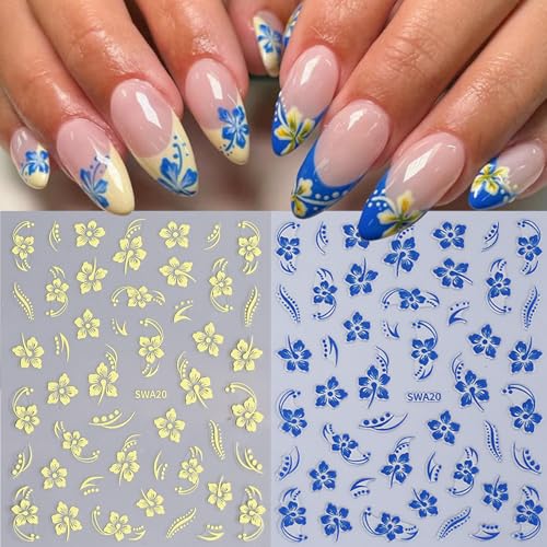 12PCS Hibiscus Flower Nail Stickers - 3D Self-Adhesive Nail Art Decals