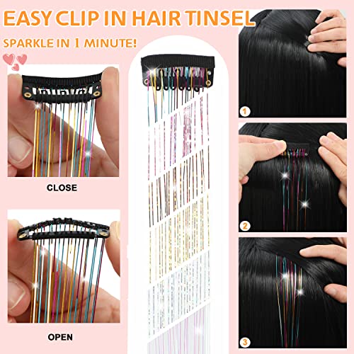 MISSUHUI 12 Pcs Clip-In Hair Tinsel Extensions 23.6 Inch Lake Blue Sparkling Hair Accessories