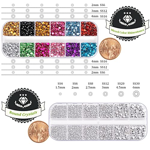 BELLEBOOST 4520Pcs Nail Art Rhinestones Set - 12 Colors & 6 Sizes with Picker & Tweezer (Transparent White & Mixed Color)