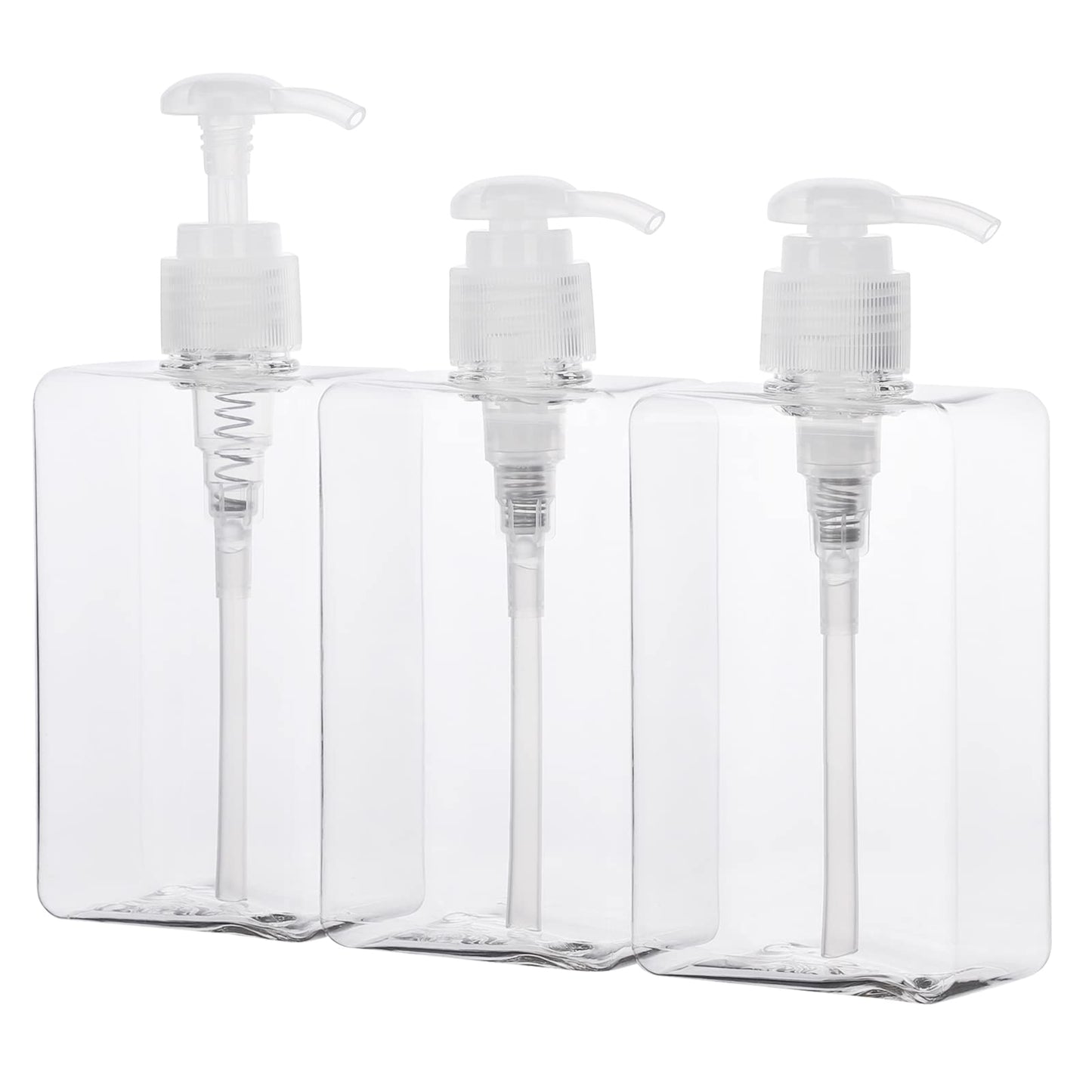 Suream Refillable Shampoo and Conditioner Bottles, 9.5oz/280ml Clear Plastic Pump Dispensers for Shower, Square Empty Bathroom Bottle for Body Wash, Essential Oil, Soap Liquid, Lotion, 3Pack