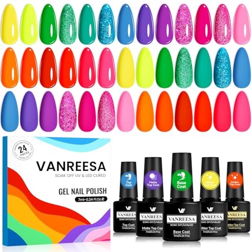 VANREESA Neon Night Gel Nail Polish Set - Bright Colors with Base & Top Coats, 24 Pieces