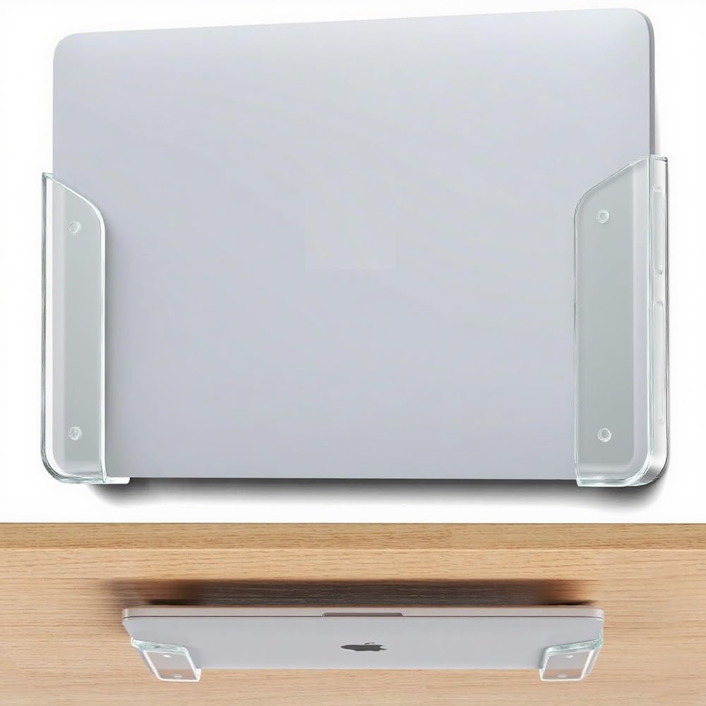 Laptop Wall Mount, Wall and Under Desk Laptop Mount Holder Space-Saving with Adhesive and Screws, Universal for Macbooks, Surface, Keyboards, Tablets, Switch & More, Office Desk Accessories