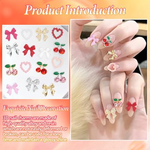 Pink 3D Nail Gems Charms Y2K Bow Cherry Nail Art Charms – 60pc Set