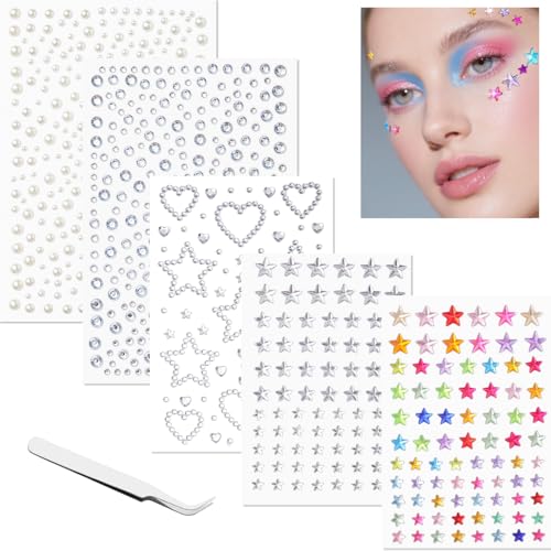 Self-Adhesive Star & Pearl Face Gems - 5 Sheets of Rhinestone Stickers