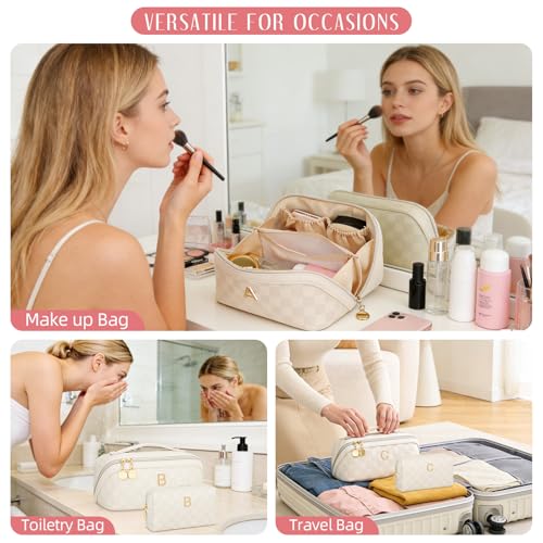 CLOUDWINGS Beige Initial Makeup Bag Set Travel Toiletry Organizer for Women
