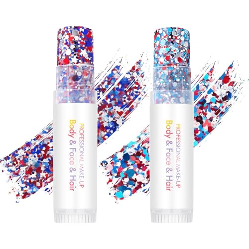 4th of July Body Glitter Stick (2PCS), Red White Blue Hair Glitter Stick, 250 Anniversary USA Merchandise, American Flag Makeup for Independence Day 250 Anniversary, Waterproof Face Glitter for Women