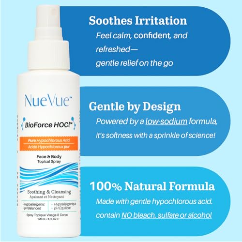 NueVue Hypochlorous Acid Face & Body Spray - Gentle Skin Cleanser & Toner, pH Balanced, 4 oz