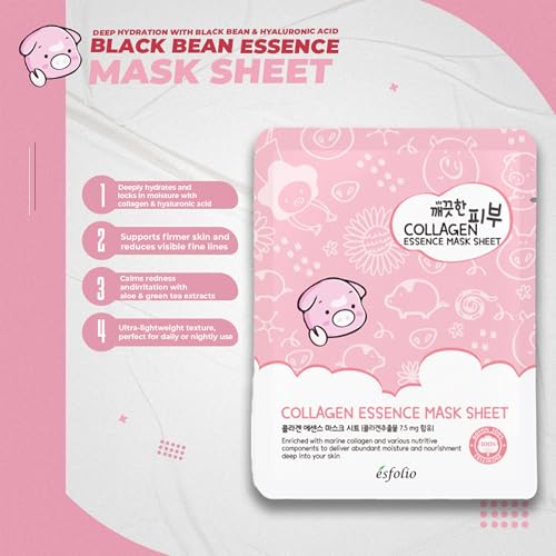 esfolio Collagen Essence Sheet Mask - Hydrating & Firming Facial Mask for Glowing Skin - Anti-Aging Korean Skincare - Pack of 10