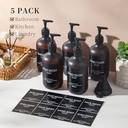 Refillable Matte Amber Shampoo and Conditioner Bottles, 16.9oz - 5 Pack
