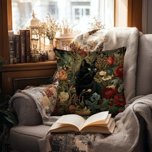 William Morris Inspired Vintage Black Cat Floral Pillow Cover - 18x18