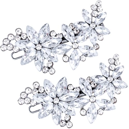 PAGOW Silver 2pcs Crystal Flower Hair Clips – Bridal Rhinestone Hair Pins, 5-Petal Headpiece (A Style)