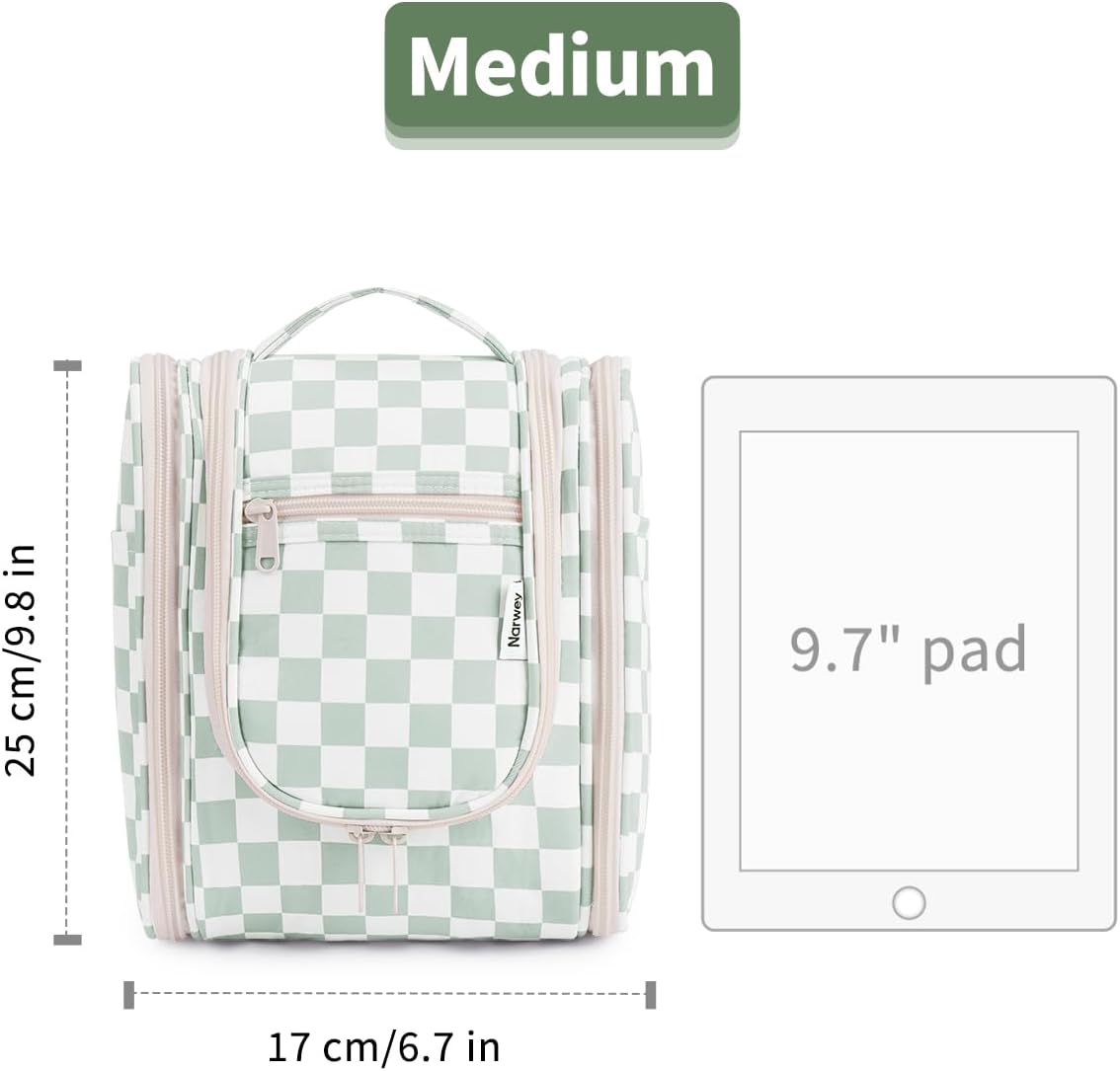 Narwey Hanging Travel Toiletry Bag - Checkered Makeup Organizer for Women | Mint Green Checkerboard Design