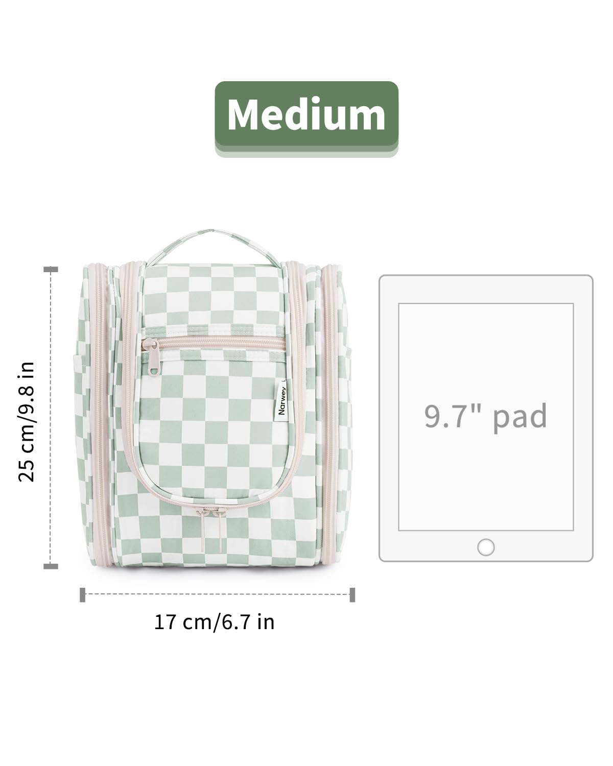Narwey Hanging Travel Toiletry Bag for Women, Travel Bag for Toiletries, Checkered Makeup Bag Organizer, Cosmetic Make Up Bags for Travel Size Essentials, Skincare, Brushes (Mint Green Checkerboard)