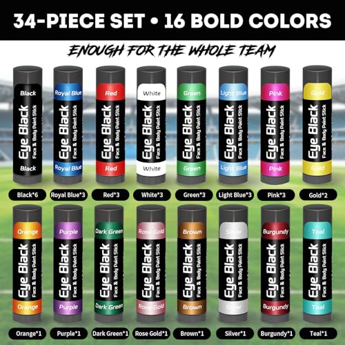 Warmify 16-Color Eye Black Stick Set for Football Baseball Softball — 34 Pack