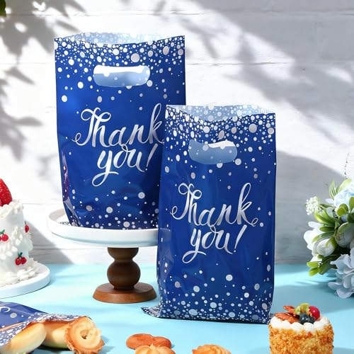 Pajean 100 Pcs Blue & Silver Thank You Gift Bags with Handles