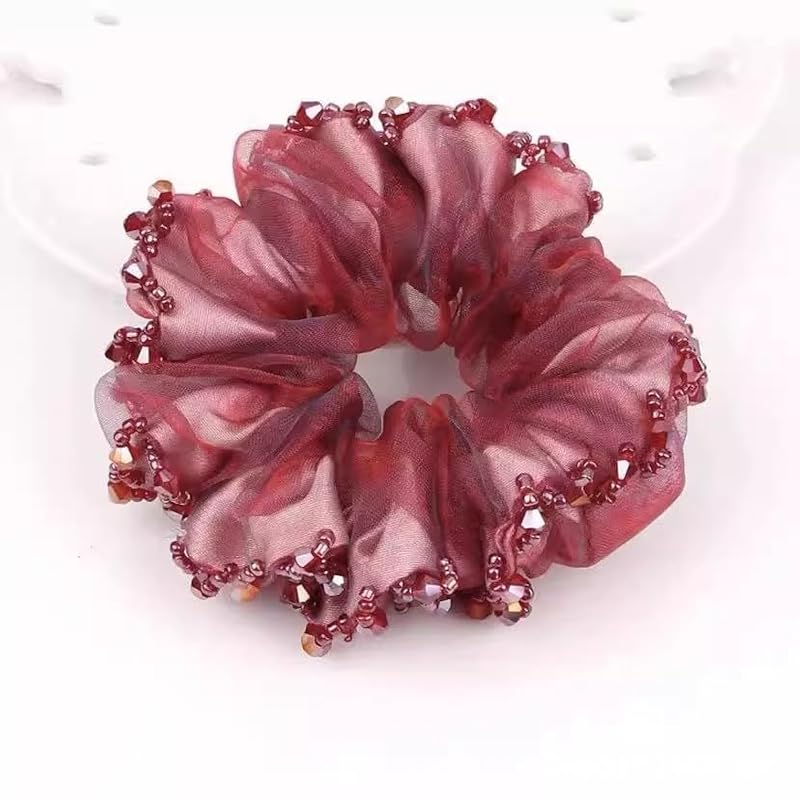 Pink Satin Beaded Trim Hair Scrunchies 2-Pack for Elegant Ponytails