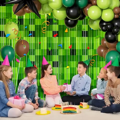 Green Pixel Foil Fringe Curtains - 2 Pack Video Game Party Backdrop
