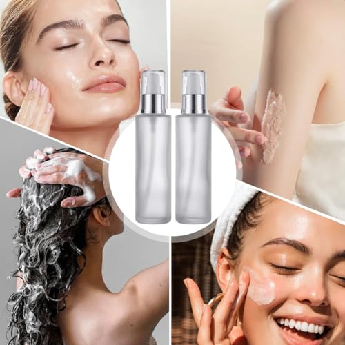 SYBL 2 Pack 100ml Frosted Glass Refillable Lotion Pump Bottles for Skin Care & Essential Oils
