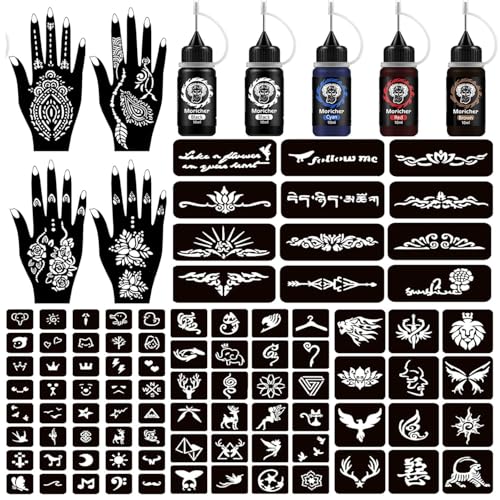 Moricher Henna tattoo kit Temporary Tattoo Kits 5 cones 96 Stencils Gifts for DIY Art Party