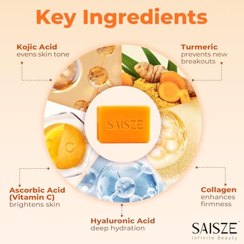 SAISZE Kojic Acid & Turmeric Dark Spots Remover Soap Bars - Brightening & Hyperpigmentation Treatment, 2 x 4oz
