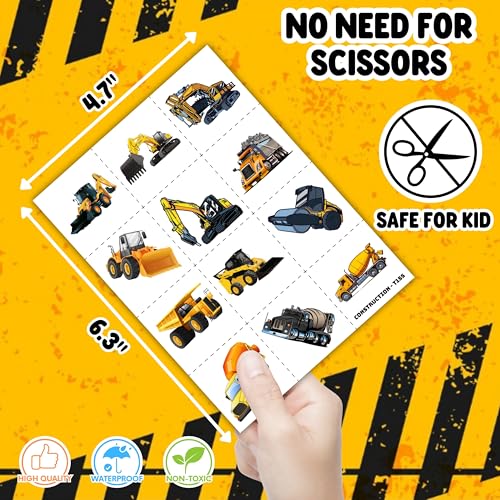 Pre-Cut Construction Temporary Tattoos for Kids - 60 Pack
