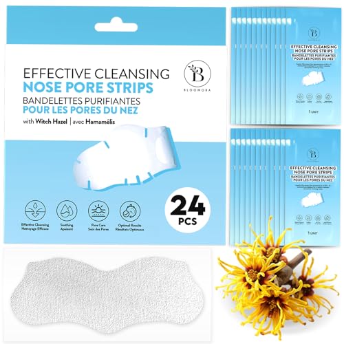 BLOOMORA Nose Pore Strips with Witch Hazel - 24 Pack Blackhead Remover