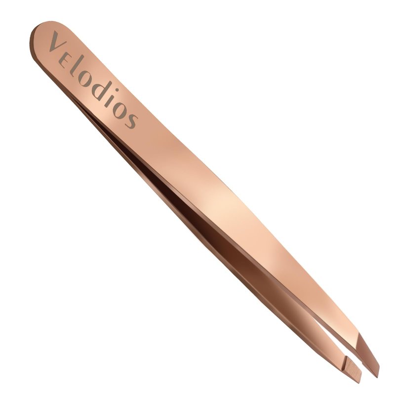 Velodios Precision Stainless Steel Tweezer for Eyebrows, Facial Hair and Fine Hairs Removal, Slant Tip Eyebrows Tweezers with Leather Case (Rose Gold)