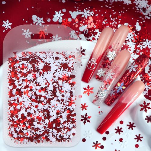 Tyuimhx Christmas Nail Art Glitter Sequins 3D Snowflake & Snowman Design - Red White, 9pcs
