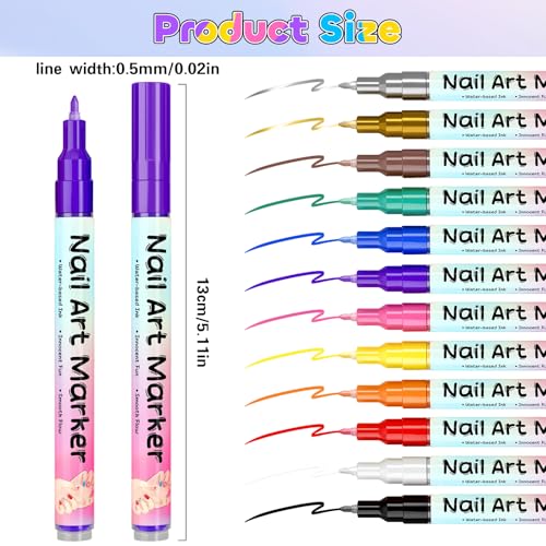 NuSoulra 0.5mm 12-Color Nail Art Pens Set with 15 Nail Stickers for DIY Manicure