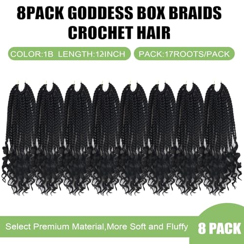 12 Inch Goddess Box Braids Crochet Hair - Natural Black, 8 Packs