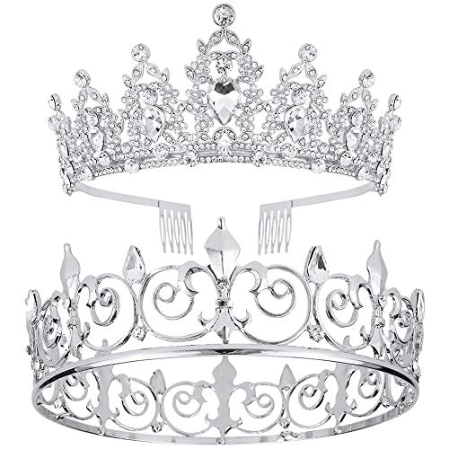 AOPRIE Silver King & Queen Tiara and Crown Set - Crystal Hair Accessories for Weddings, Proms, and Parties