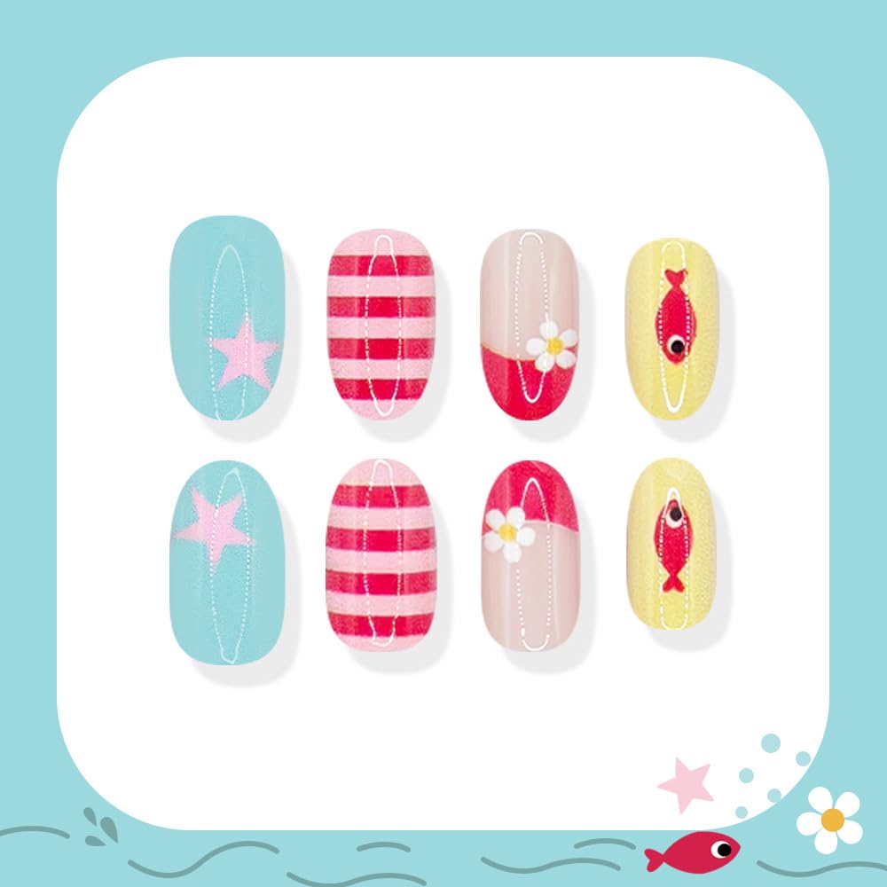 Summer Press on Nails Medium Oval Fake Nails French Tip False Nail with Designs Striped | Cute Fish | Star | Flower,Cute Reusable Glue on Nail Full Cover Stick on Nails for Women Manicure 24Pcs