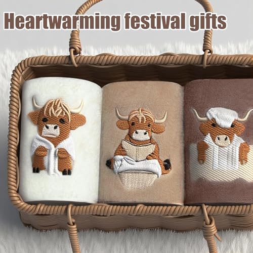 Highland Cow Hand Towels – Set of 3, 100% Cotton, Rustic Design
