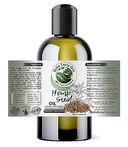 Bella Terra Oils Hemp Seed Oil 8 oz - Cold-Pressed, Nourishing Skin & Hair Oil, Single Bottle