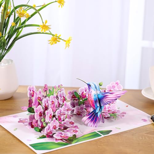 3D Hummingbird Pop-Up Birthday Card for Women - Purple Orchid Design