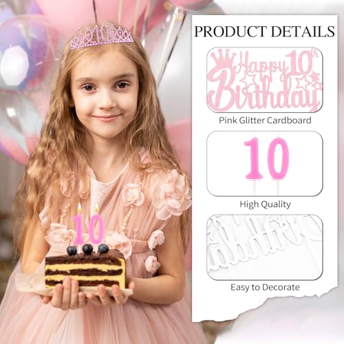 10th Birthday Party Decorations Set for Girls - Crown, Sash, Candle & Cake Topper