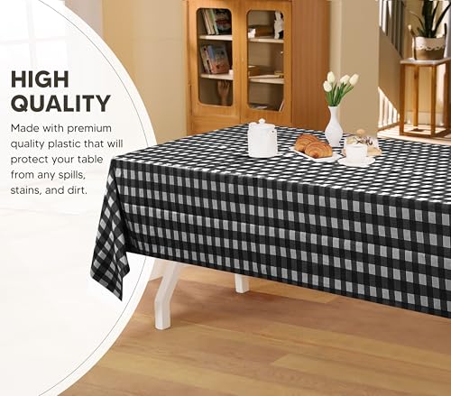 Disposable Black Check Plastic Tablecloths - 12 Pack, 54x108 inches