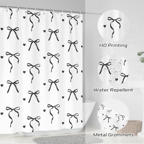 Dazzlewall Black Bow Shower Curtain - 72x72 in, Water-Resistant, Easy Install