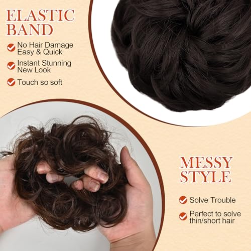 Women Hairpieces 2PCS Wavy Curly Messy Bun Extensions Brownish Black-4