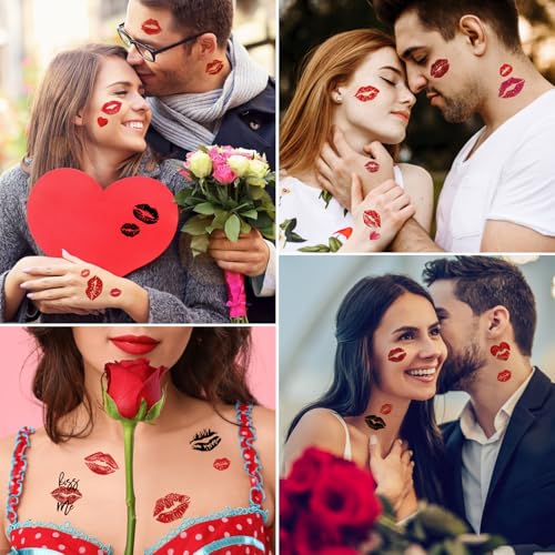 Metuu Lip Tattoo - 12 Sheets Lip Kiss Print Temporary Tattoos Waterproof for Adults & Kids - Valentines Heart Kiss Stickers