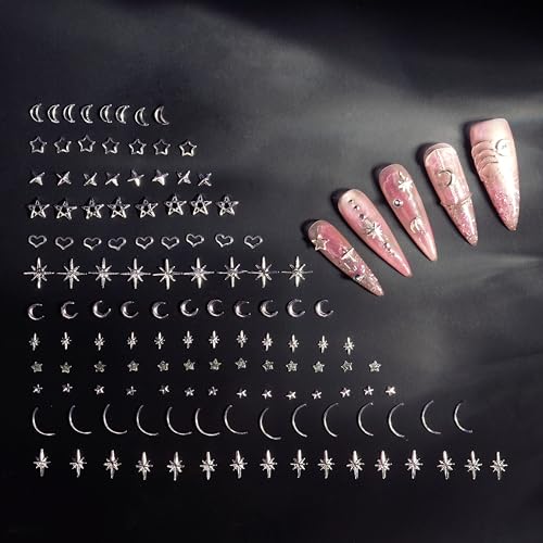 600 Pcs Silver Nail Charms Kit with Stars & Moons - DIY Manicure