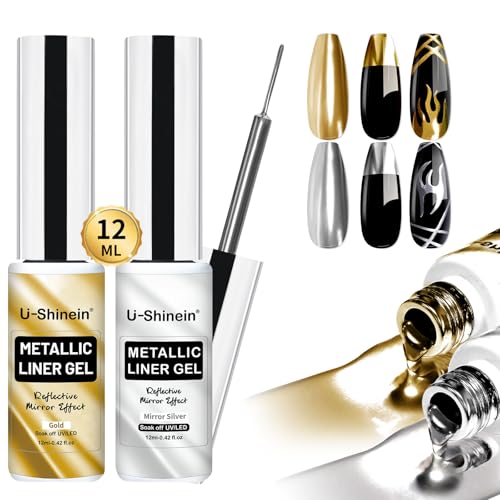 Mirror Silver & Gold Gel Nail Polish Set with Built-in Brush