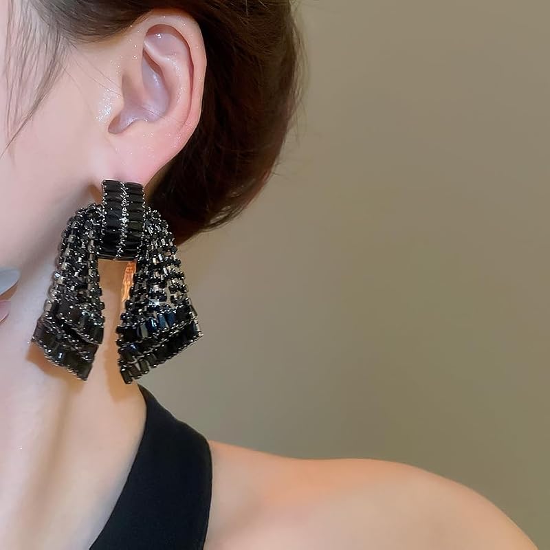 Missgrace Women's Black Silver Rhinestone Dangle Earrings with Bow & Tassels