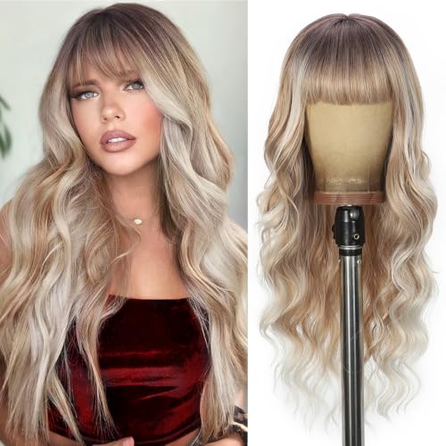 Wig with Bangs Long curly wavy Wigs for Women 26IN