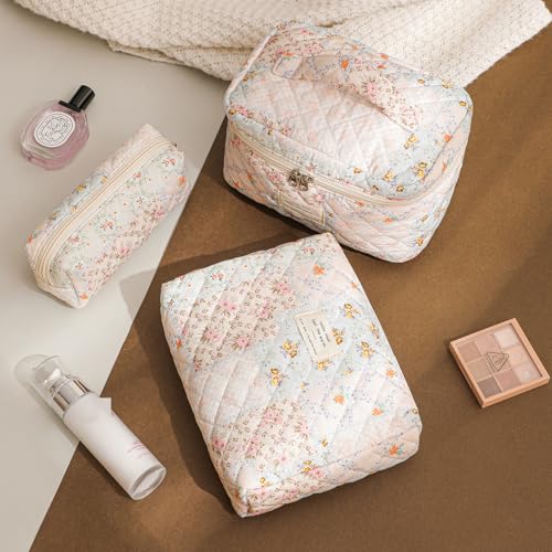 uekeboag Pink Floral Quilted Cotton Makeup Bag - Coquette Pouch (03Pink Flower)