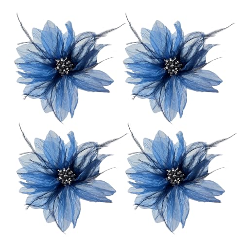 Sanrich 4pcs Organza Flower Feather Hair Clips - Blue